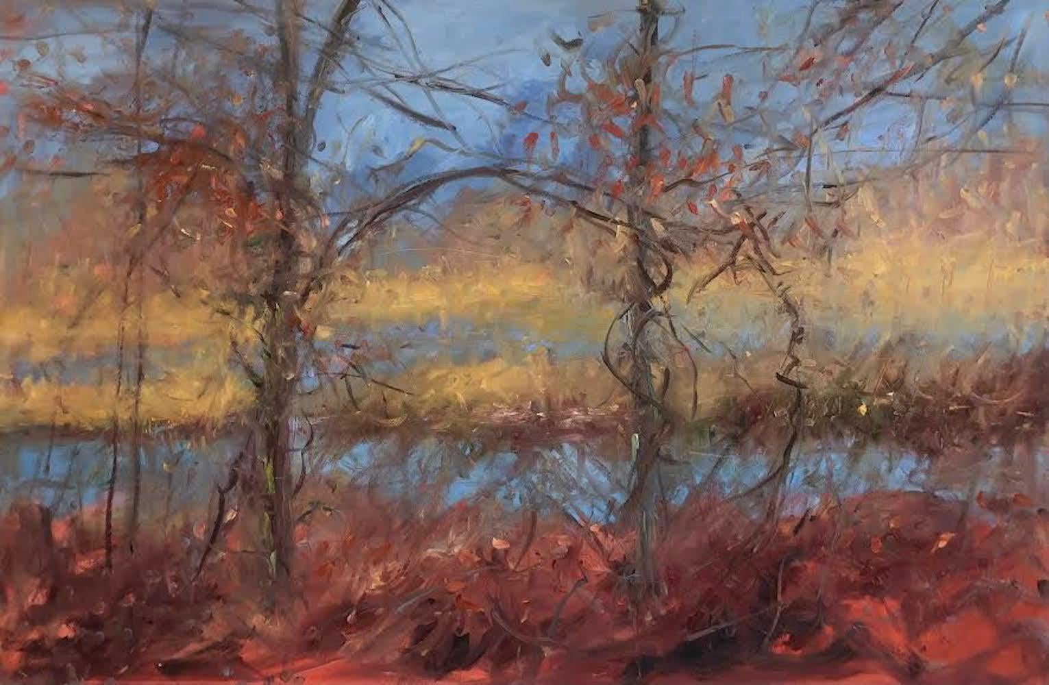 "Remnants of Autumn", landscape, water, browns, oranges, blues, oil painting - Painting by Catherine Picard-Gibbs