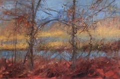 „Remnants of Autumn“, Landschaft, Wasser, Braun, Orange, Blau, Ölgemälde