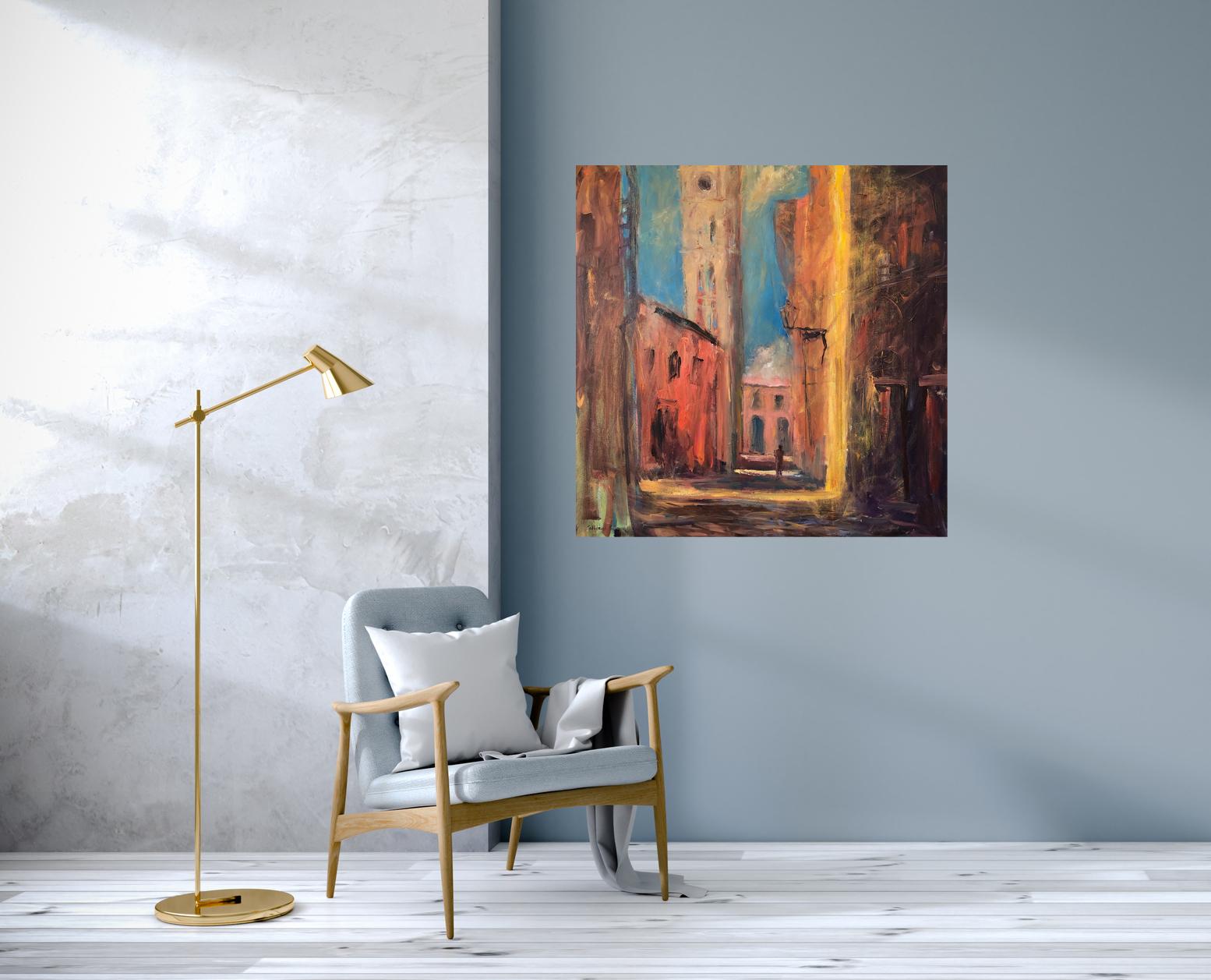 “Strada” by Catherine Picard-Gibbs is a dynamic city scene, depicting a solitary figure walking down a street in Tuscany during the heat of the late afternoon. This gestural, expressionist oil painting on canvas is painted in a palette of browns,