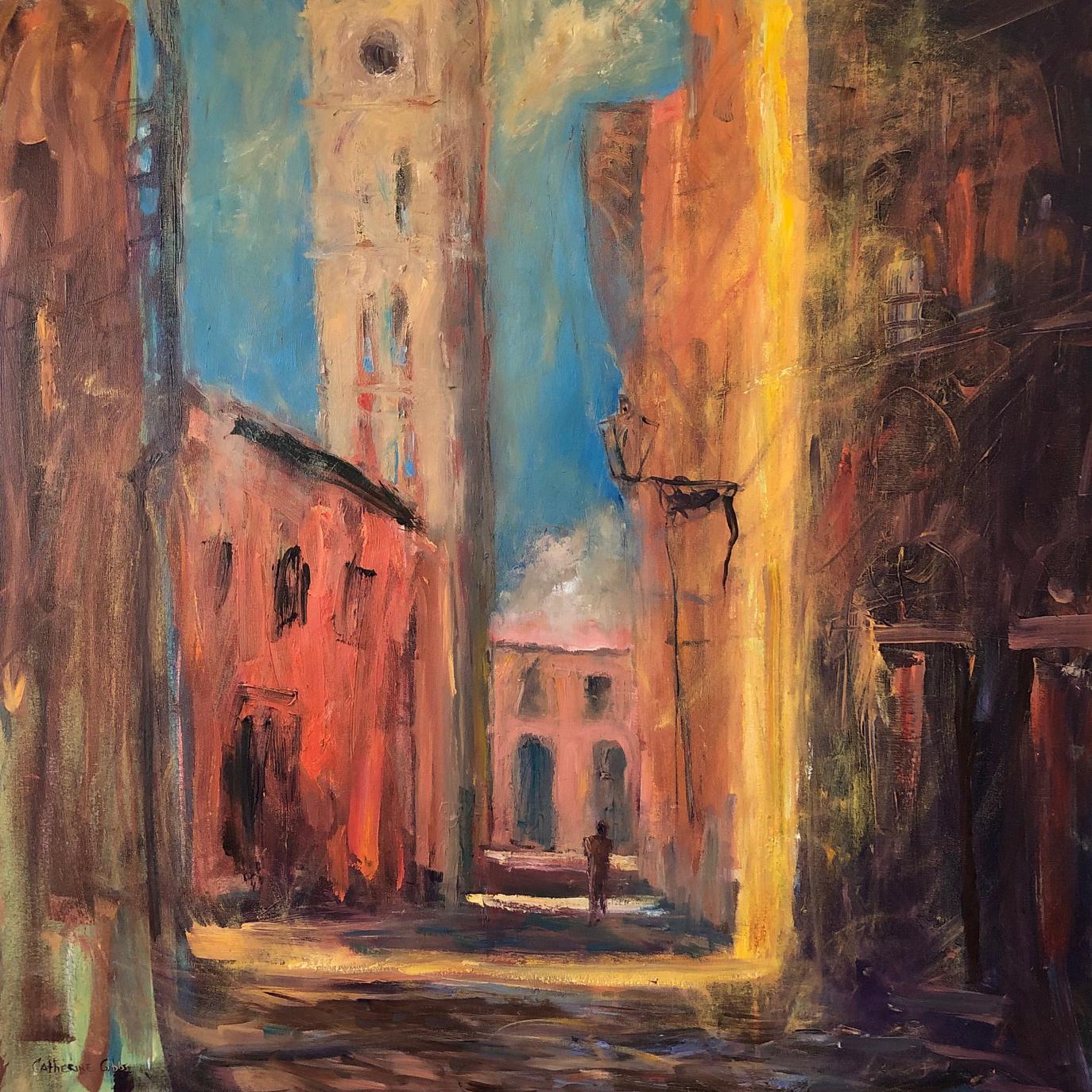 Catherine Picard-Gibbs Landscape Painting - "Strada", expressionist, landscape, city, Tuscany, brown, oil painting
