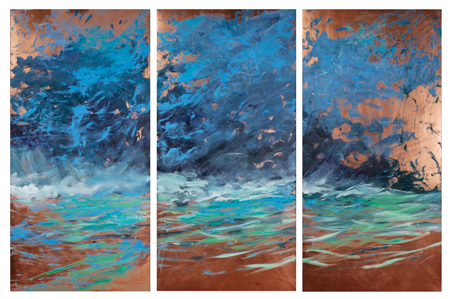 Catherine Picard-Gibbs Landscape Painting - "Tempest", oil painting, copper, landscape, triptych, water, blues, greens