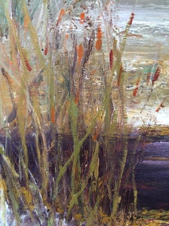 "The Dark Pond", oil painting, landscape, abstract, water, snow, brown, purple