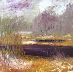 "The Dark Pond", oil painting, landscape, abstract, water, snow, brown, purple