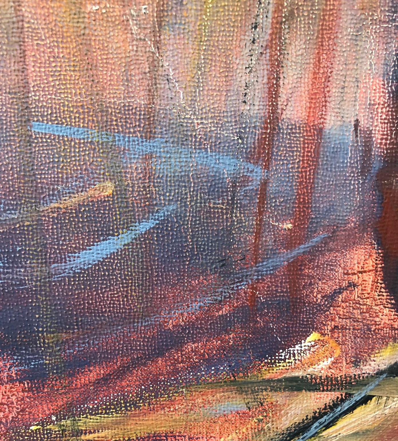 « The Train Yard », peinture à l'huile abstraite, chemin de fer, oranges, jaunes, bleu - Contemporain Painting par Catherine Picard-Gibbs