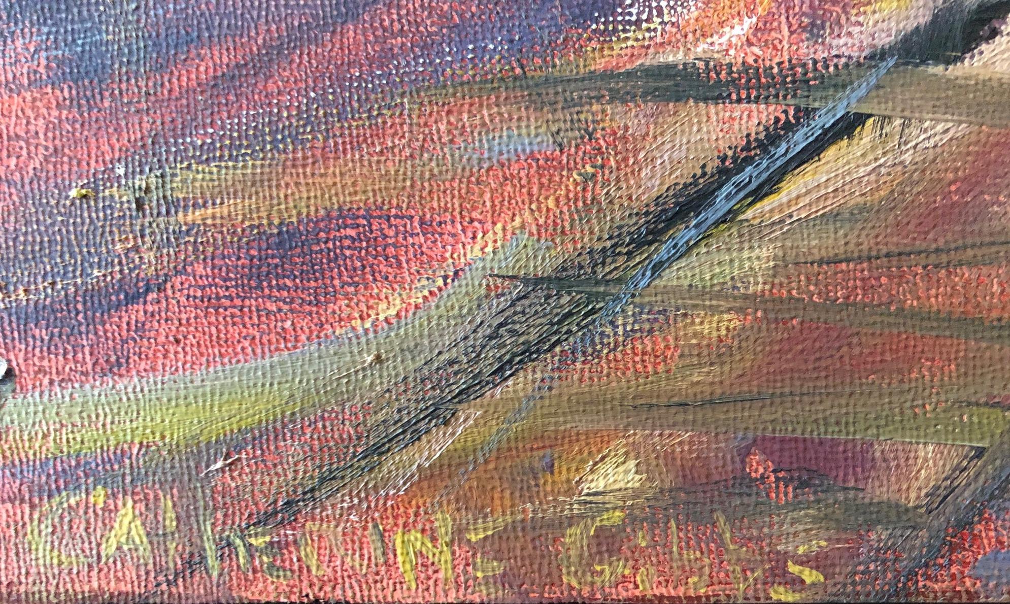 « The Train Yard », peinture à l'huile abstraite, chemin de fer, oranges, jaunes, bleu 1