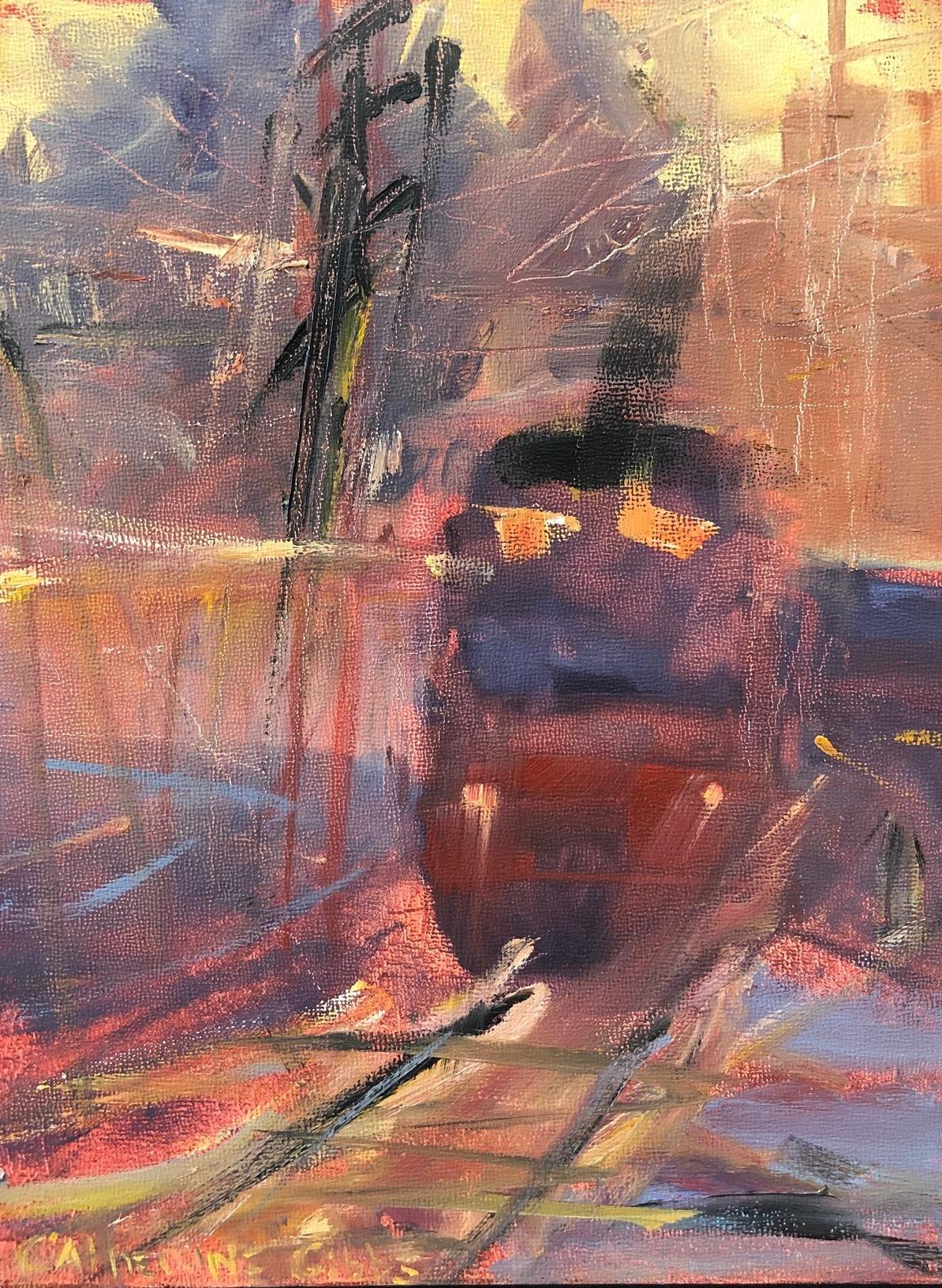 Landscape Painting Catherine Picard-Gibbs - « The Train Yard », peinture à l'huile abstraite, chemin de fer, oranges, jaunes, bleu