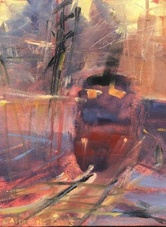 « The Train Yard », peinture à l'huile abstraite, chemin de fer, oranges, jaunes, bleu