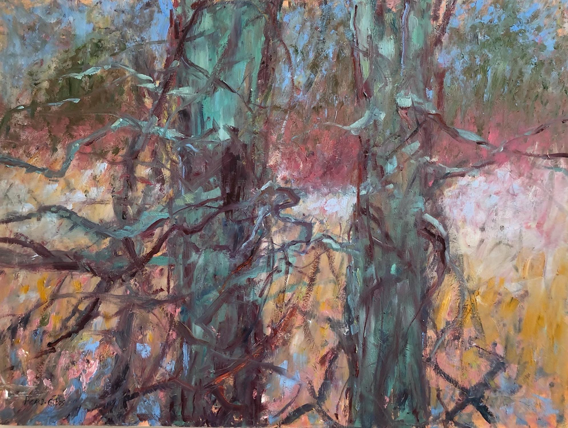 Catherine Picard-Gibbs Landscape Painting - "The Watchmen", contemporary, trees, yellow, blue, pink, green, oil painting