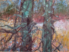 "The Watchmen", contemporain, arbres, jaune, bleu, rose, vert, peinture à l'huile.