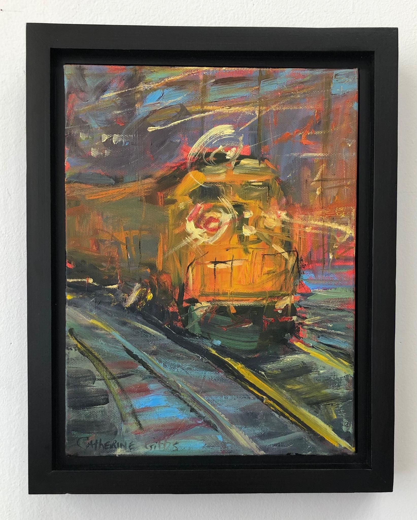 “The Yellow Engine” by Catherine Picard-Gibbs is a high drama Expressionist train painting depicting a train engine barreling toward the viewer, highlighted with yellows and reds. In this 12 x 9  x 0.75 inch oil on canvas painting, motion is