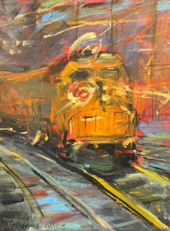 "The Yellow Engine", expressionist, train, yellow, red, oil painting