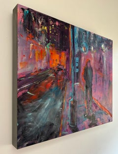 "Urban Desert", Contemporary Landscape, Pink, Orange, Black, Blue, Oil Painting