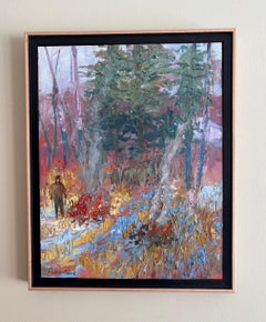 "Winter Burn", paysage contemporain, feu, bleu, vert, rouge, peinture à l'huile