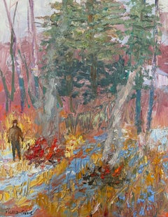 "Arde el invierno", Paisaje contemporáneo, Fuego, Azul, Verde, Rojo, Pintura al óleo