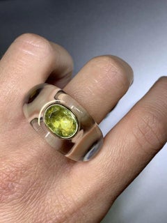 Catherine Prevost Peridot oval in Opalescent crystal in 18k gold ring.