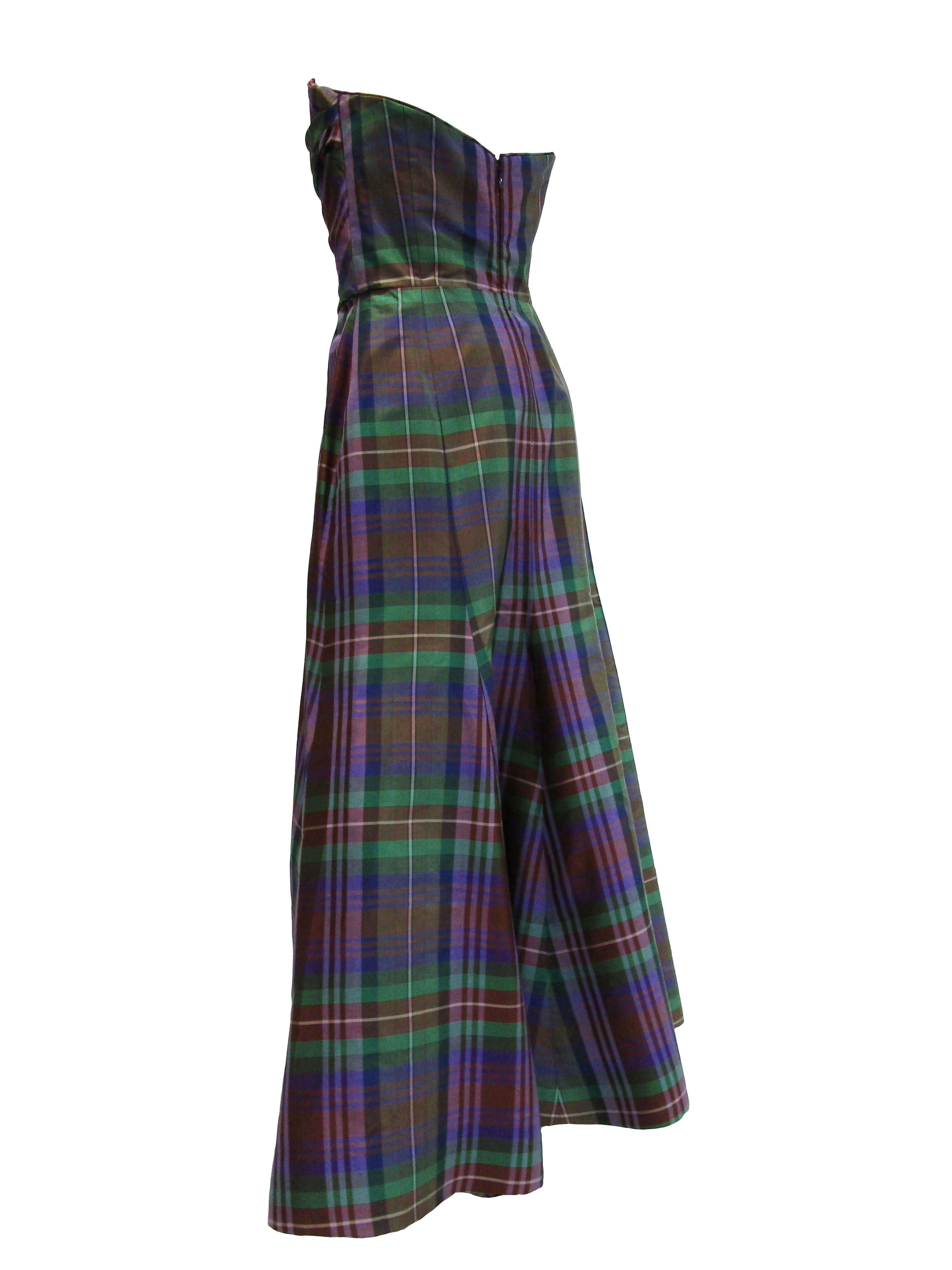 Black 1990s Catherine Regehr Holiday Plaid Strapless Evening Dress