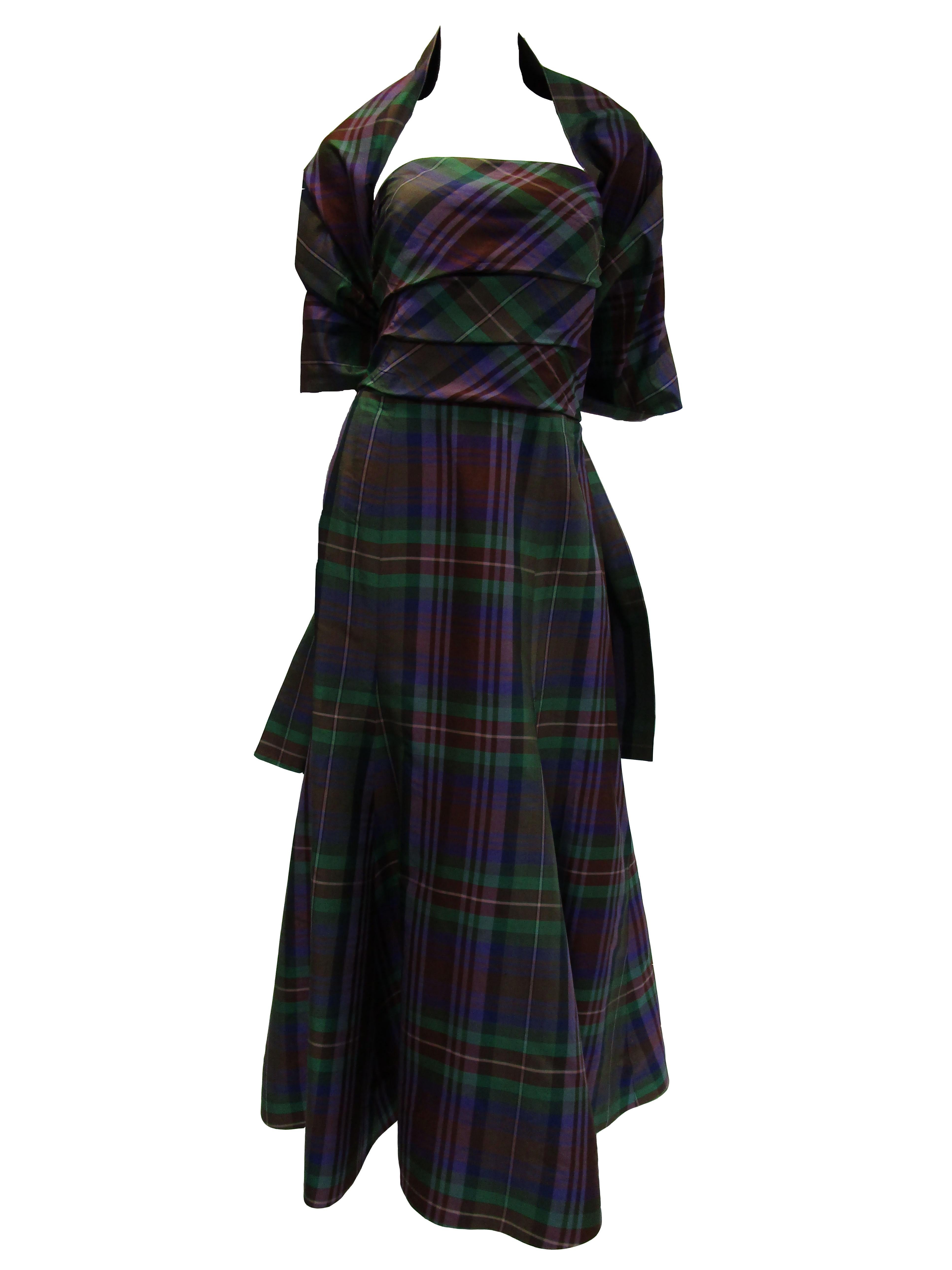 1990s Catherine Regehr Holiday Plaid Strapless Evening Dress In Excellent Condition In Houston, TX