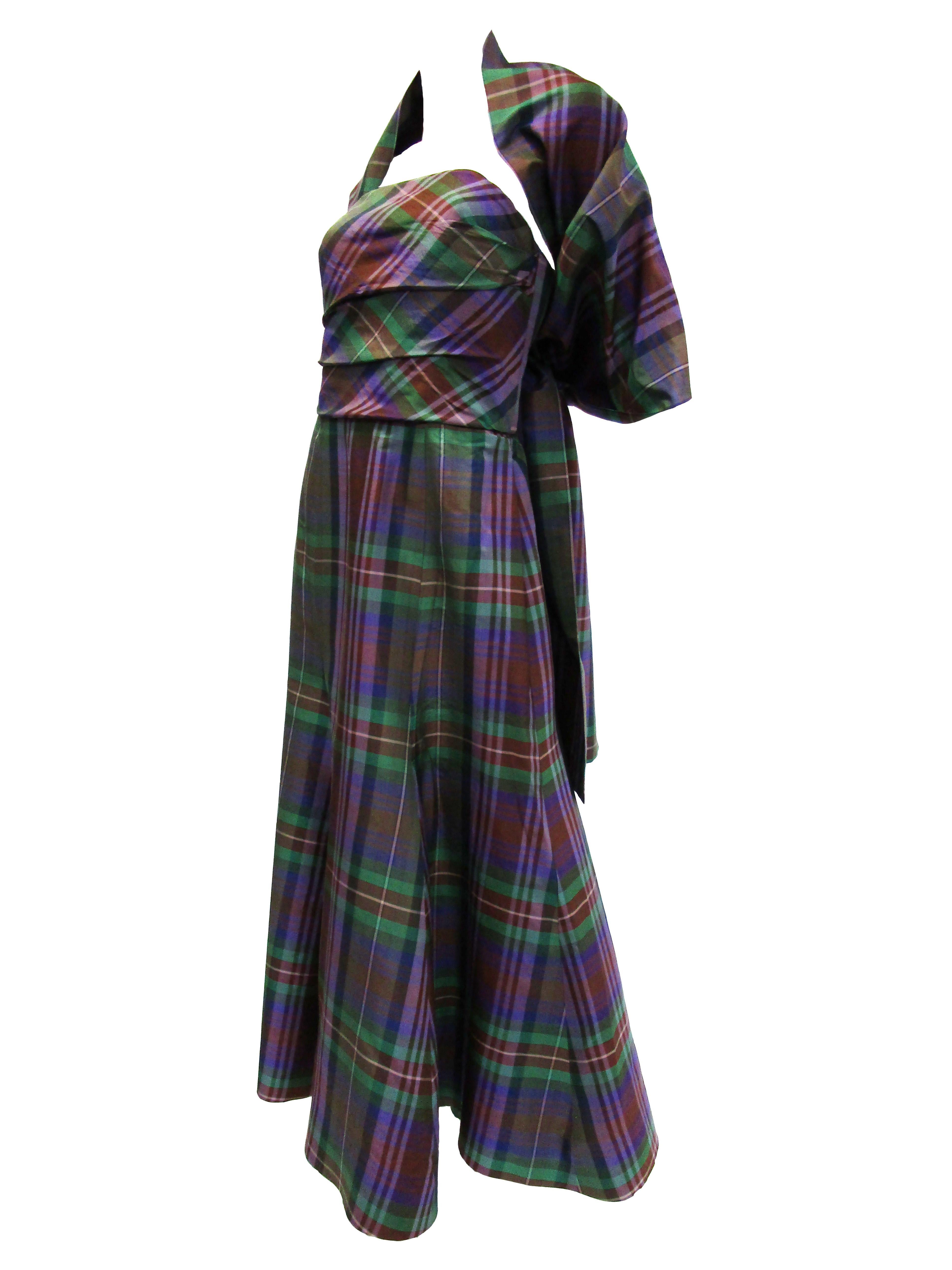 Women's 1990s Catherine Regehr Holiday Plaid Strapless Evening Dress