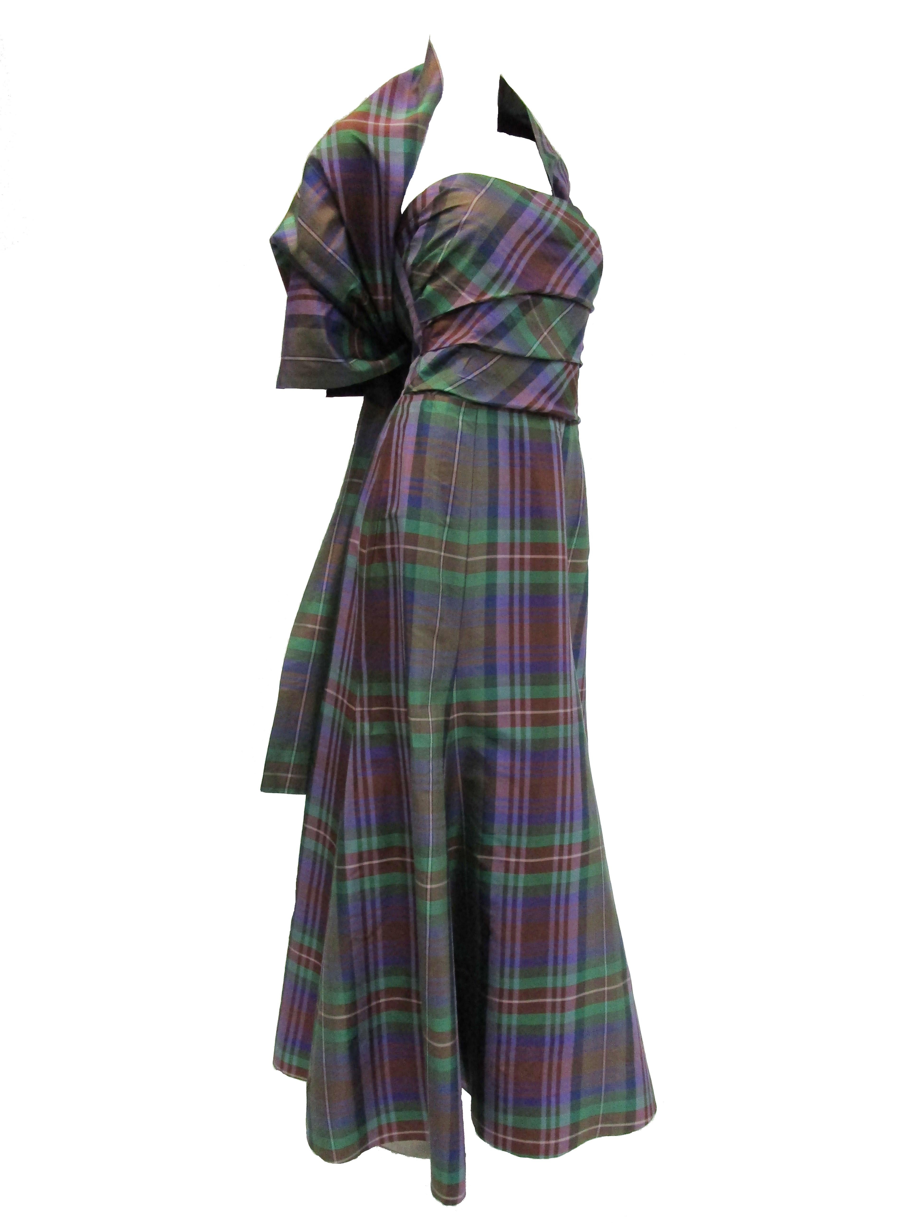 1990s Catherine Regehr Holiday Plaid Strapless Evening Dress 1