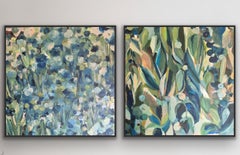 Blue Oil Flowers & Antibes Leaves, diptych, Original Painting, Abstract art