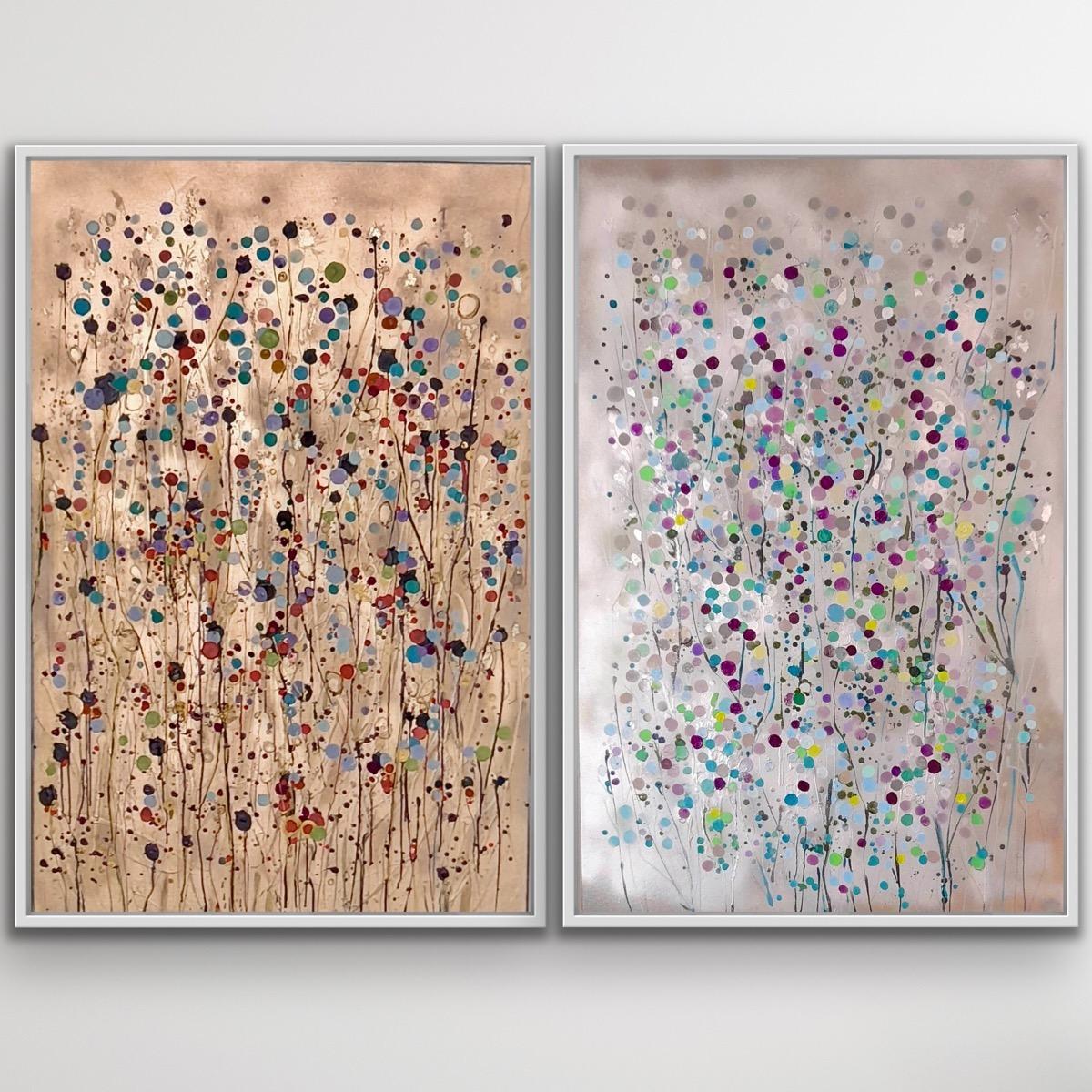 Catherine Ruth Church Abstract Painting - Gold and Silver Splatter Diptych