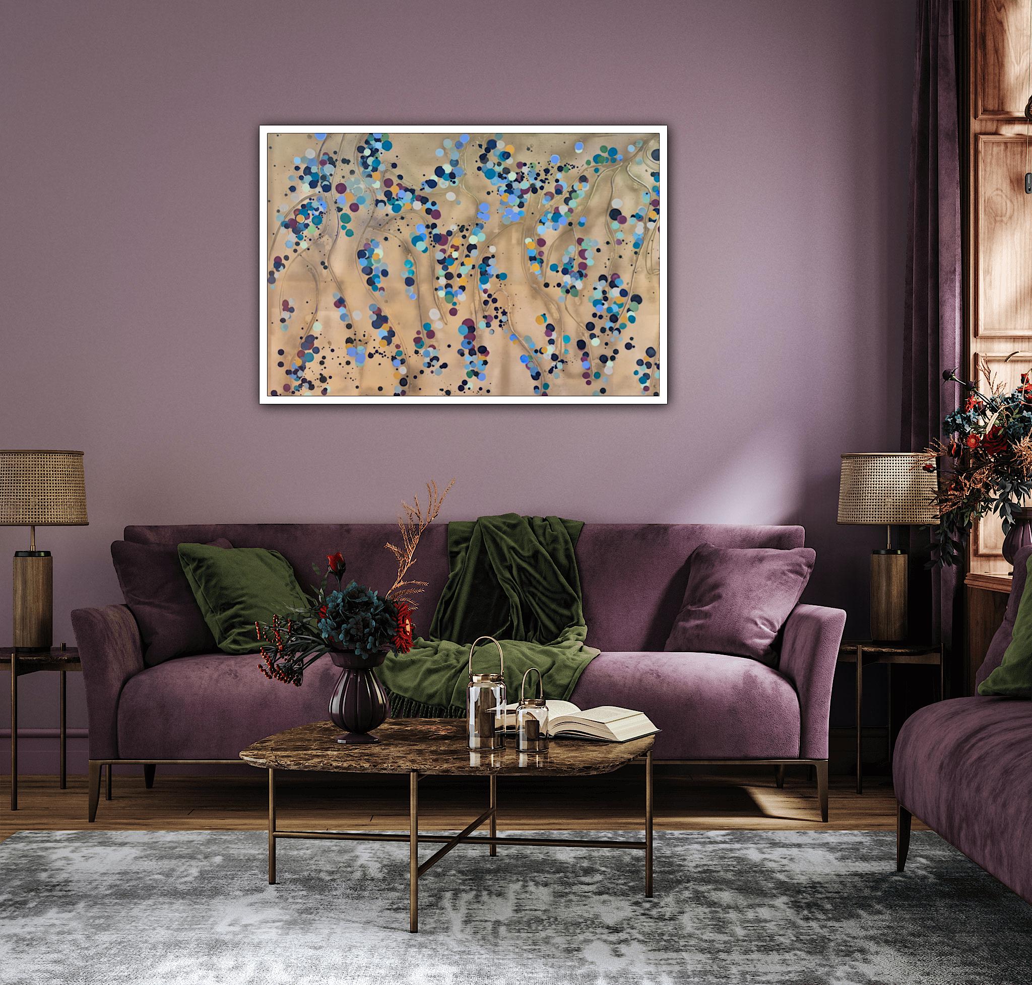 Die Farbpalette dieses Gemäldes ist sehr elegant und das Gemälde verändert seine Farbe im Licht durch die verschiedenen Goldschichten und die strukturierten Goldstiele. Burgunder, Türkis, Umber, Ockergelb und Grautöne.

Acryl, Goldfarbe, Sprühfarbe