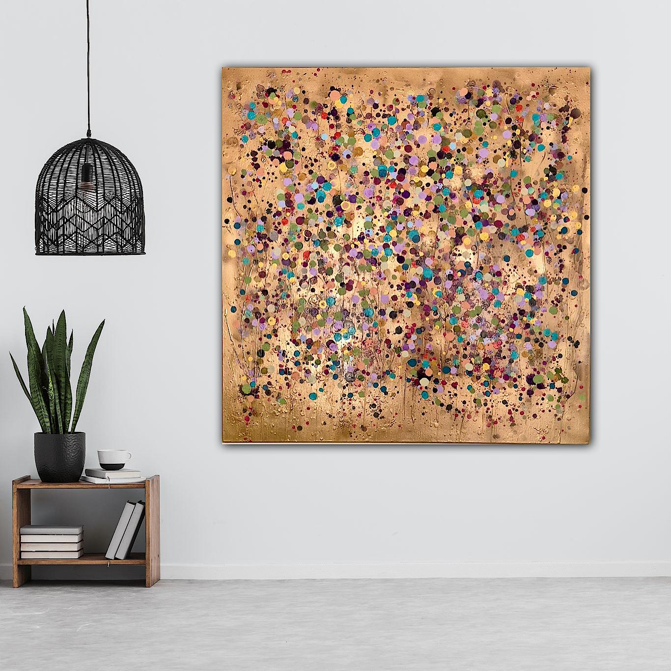 Gold Splatter Square #1 & #2, Set of 2, peinture originale, art abstrait - Marron Abstract Painting par Catherine Ruth Church