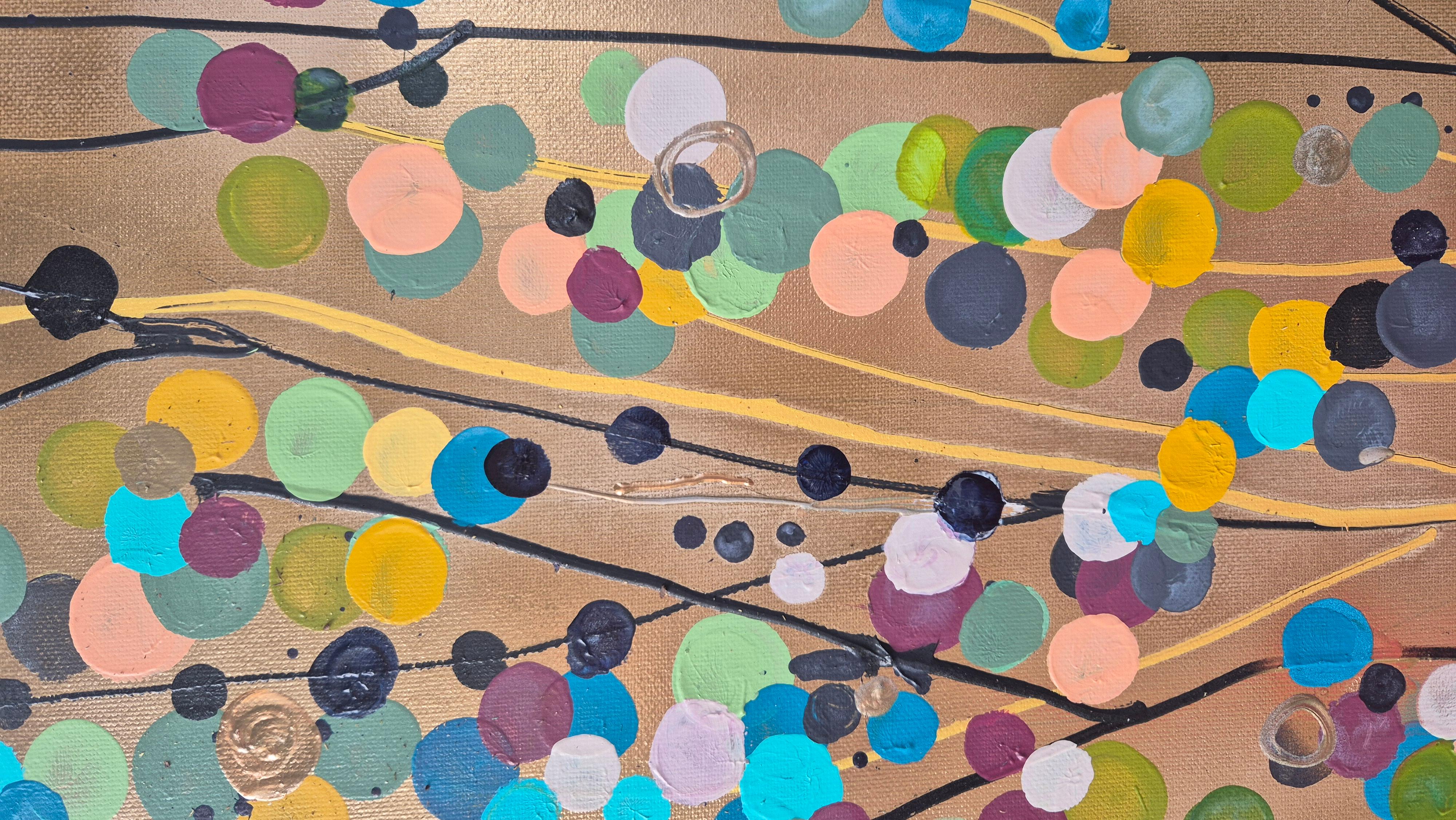 Gold Spot Flowers! Elegant Colours: Turquoise, Burgundy, Yellow Ochre, Vintage Gold, Blues, Greys. Reflects the light, changes in the light, endlessly plays with light!



Acrylic, Gold Paint, Gouache, Spray Paint on Canvas
1.6 H x 1.5 W x 5.2 D cm