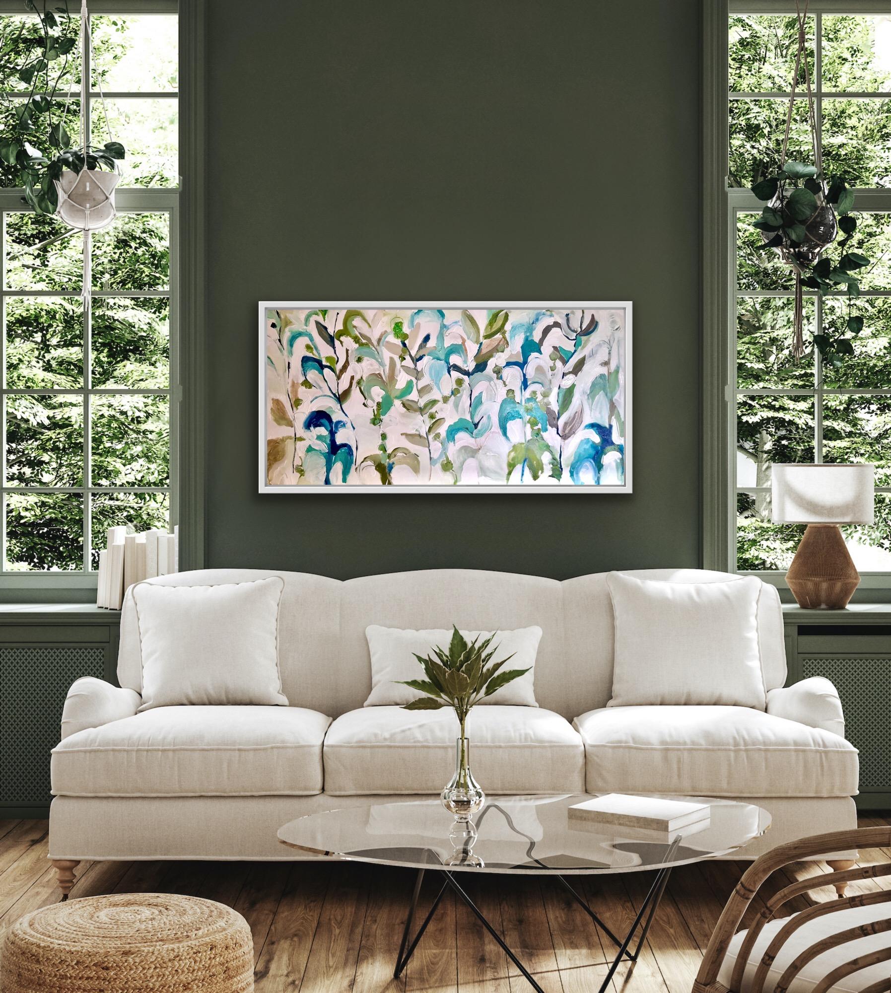 An original painting by Catharine Ruth Church of flowers in an array of greens and blues. Impasto brushstrokes are used and in some areas the foreground colours are scraped away to create a gorgeous painting of detail and texture.

ADDITIONAL
