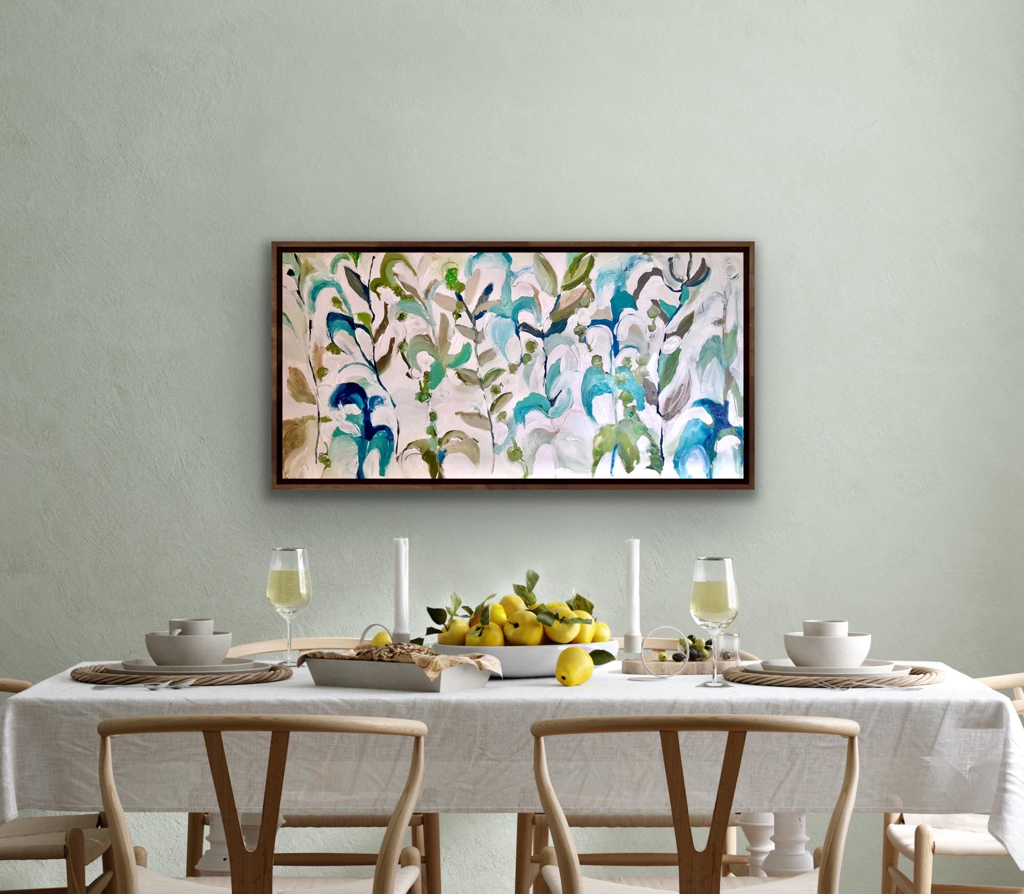 Oil White Tangle, Original Painting, Floral, Abstract art, Blue, Green, White For Sale 4