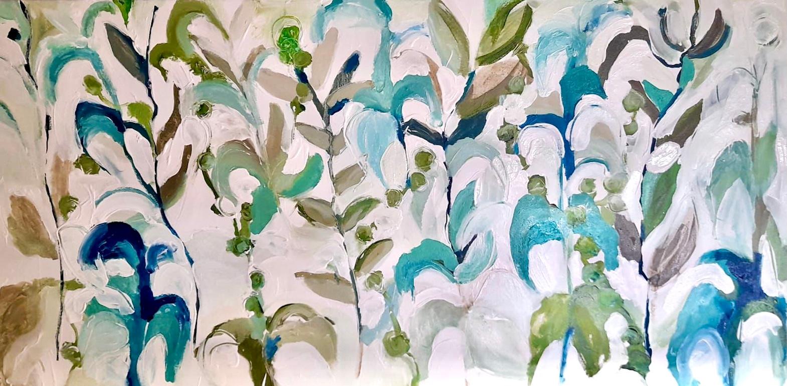 Oil White Tangle, Original Painting, Floral, Abstract art, Blue, Green, White
