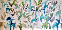 Huile White Tangle, peinture originale, florale, art abstrait, bleu, vert, blanc