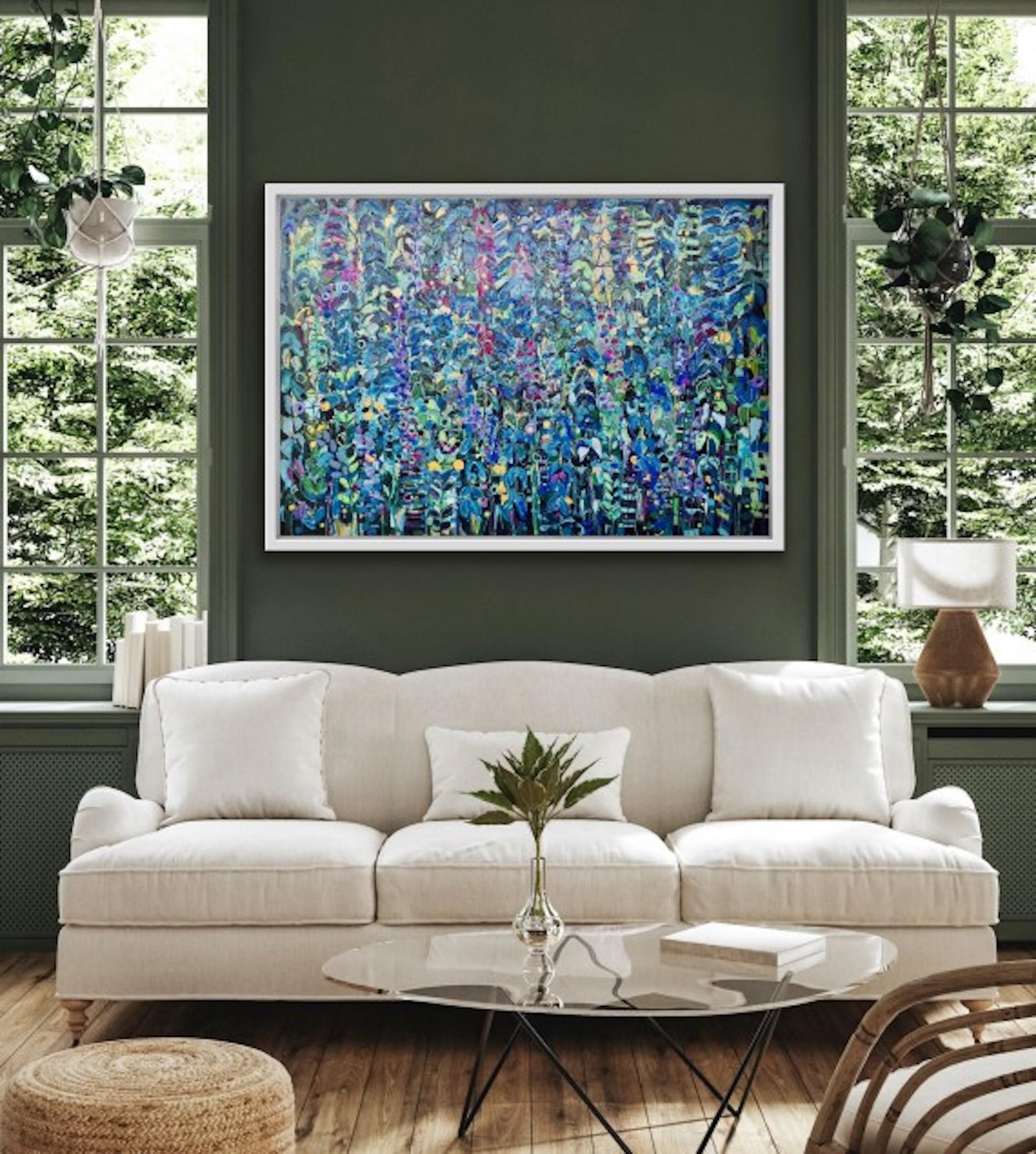 Purple & Blue Tangle, Vibrant Floral Painting, Artwork Inspired by Nature - Gold Abstract Painting by Catherine Ruth Church