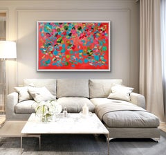 Strawberry & Teal Nasturtiums, Contemporary Monet Style Art, Floral Painting