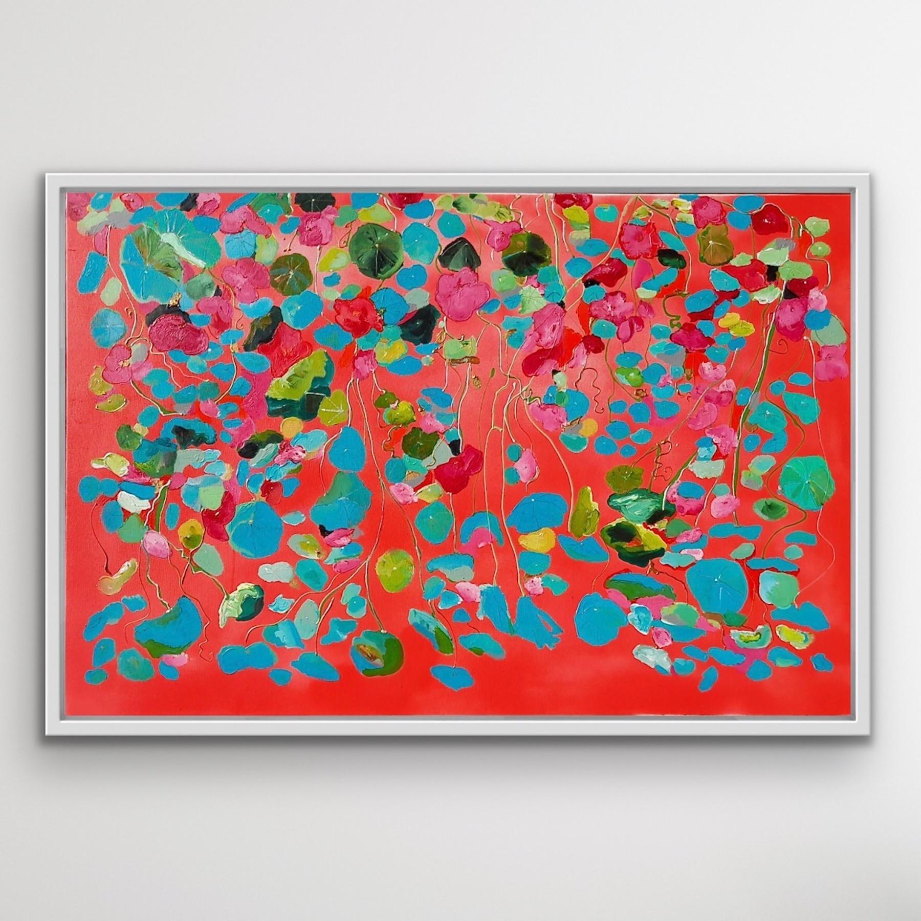Erdbeer- und Teal Nasturtiums, zeitgenössische Kunst im Monet-Stil, geblümtes Gemälde (Zeitgenössisch), Painting, von Catherine Ruth Church