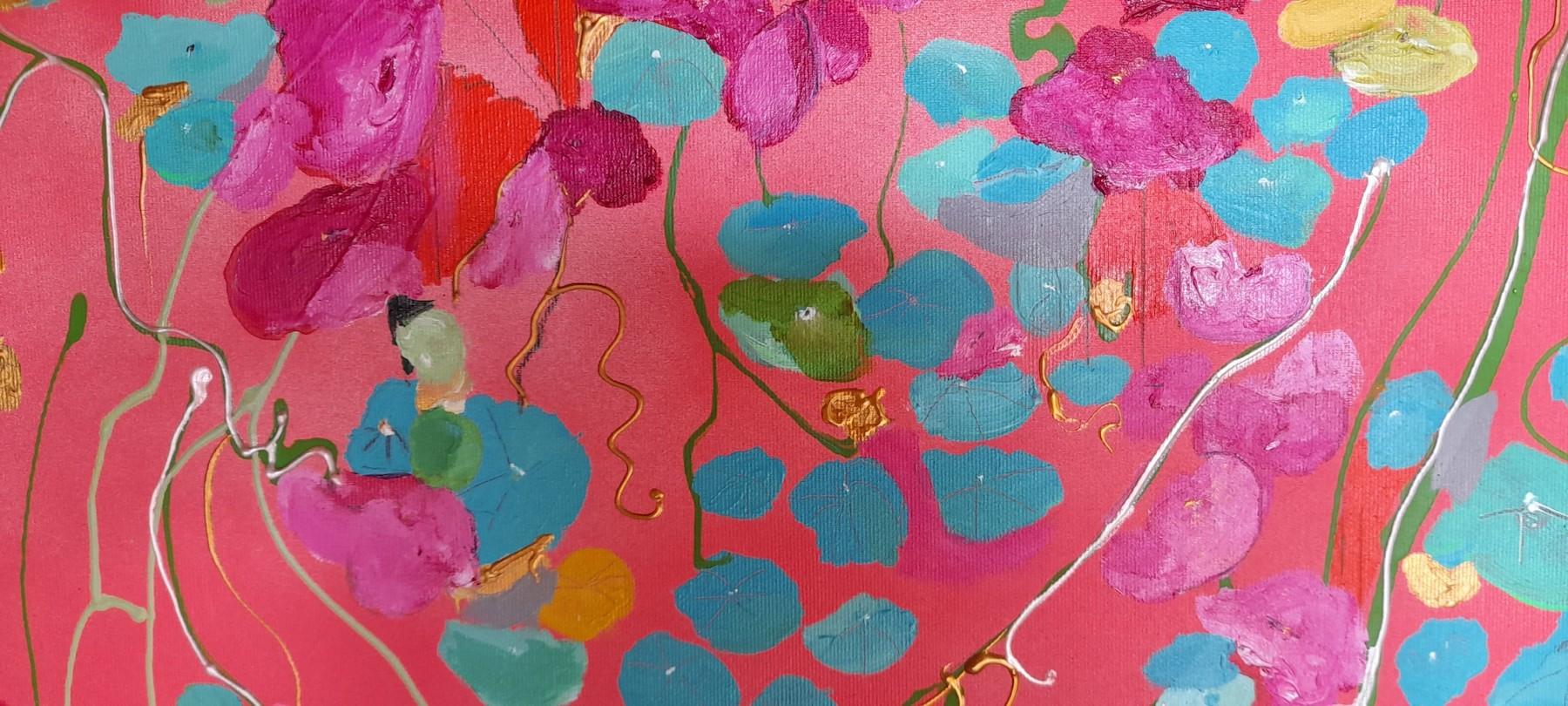 Strawberry & Teal Nasturtiums, Contemporary Monet Style Art, Floral Painting For Sale 3