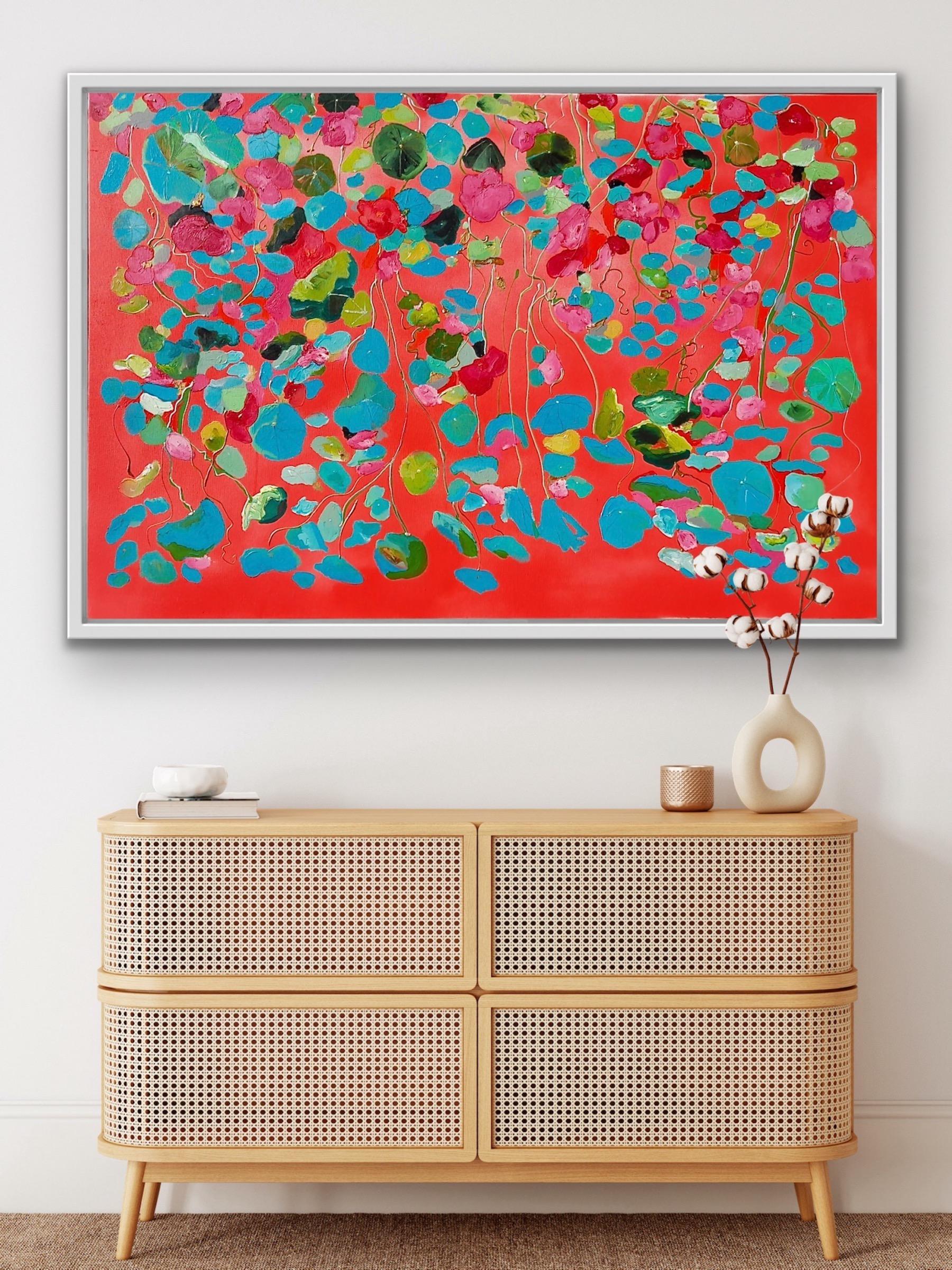 Erdbeer- und Teal Nasturtiums, zeitgenössische Kunst im Monet-Stil, geblümtes Gemälde im Angebot 2