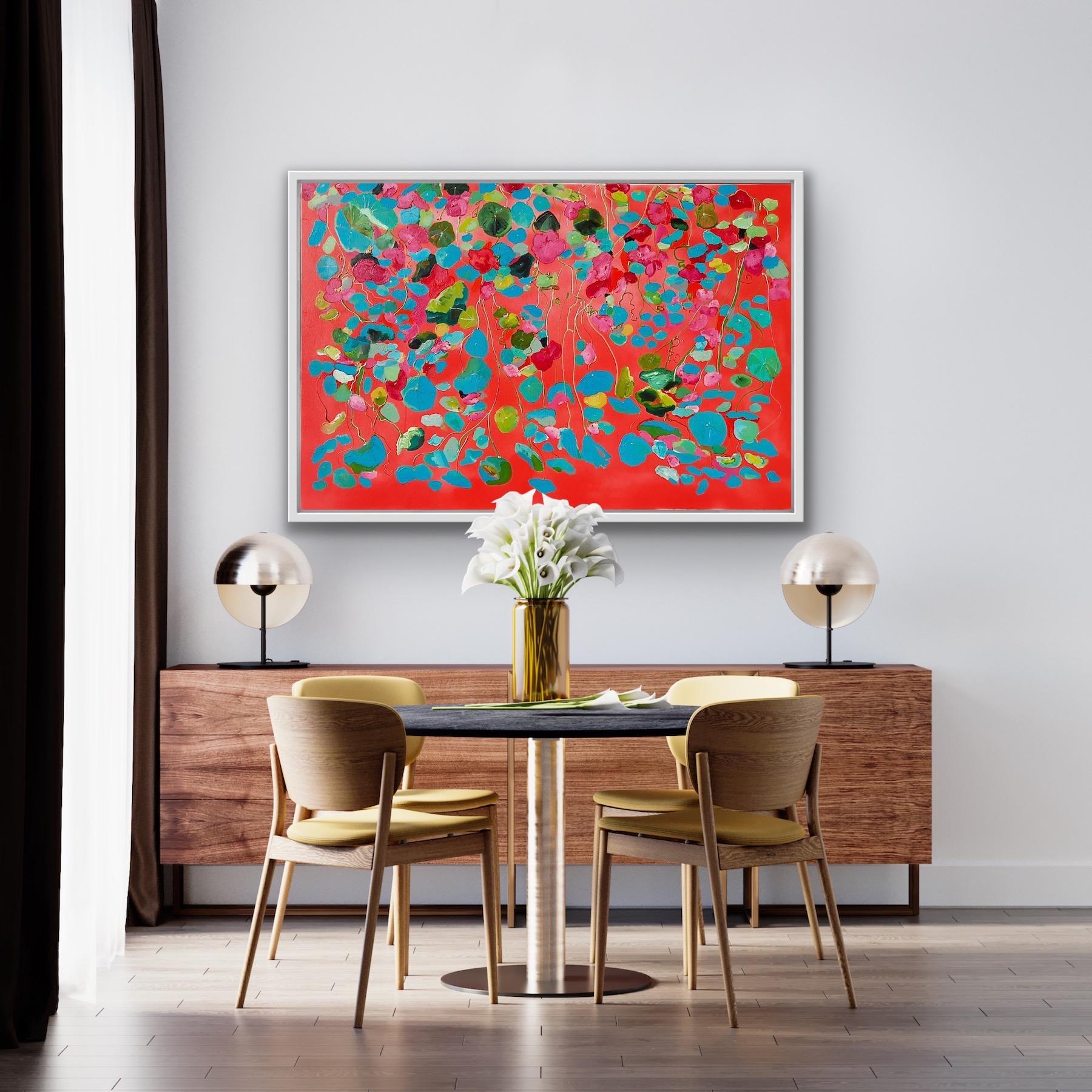 Strawberry & Teal Nasturtiums, Contemporary Monet Style Art, Floral Painting For Sale 5