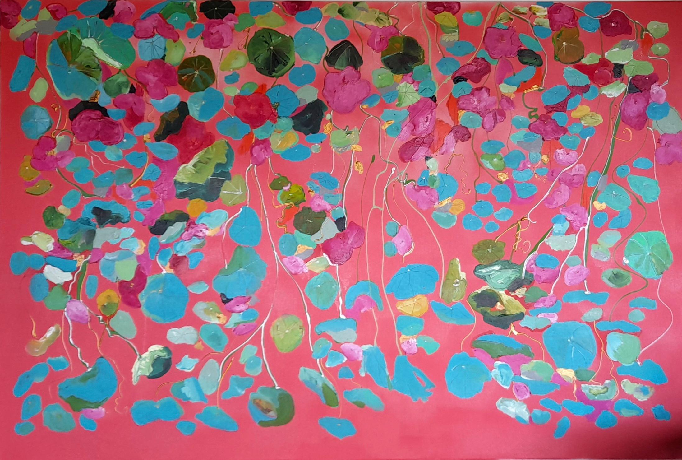 Catherine Ruth Church Abstract Painting – Erdbeer- und Teal Nasturtiums, zeitgenössische Kunst im Monet-Stil, geblümtes Gemälde
