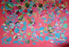 Nasturtiums fraise et sarcelle, art contemporain de style Monet, peinture florale