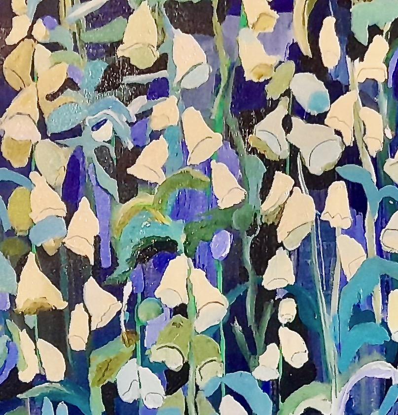 Foxgloves amarillas, Pintura original, Floral, Arte abstracto, Azul, Verde, Blanco - Painting Abstracto de Catherine Ruth Church