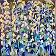 Volpini gialli, Pittura originale, Floreale, Arte astratta, Blu, Verde, Bianco