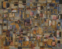 Catherine Shuman Miller - "Here/Not There 8", geometric abstraction, monoprint, blues, browns, circles "Here/Not There 8", geometric abstraction, monoprint, blues, browns, circles