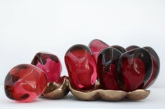 Pomegranate Seeds Nestled on Bronze I - bright, red, glass, still life sculpture