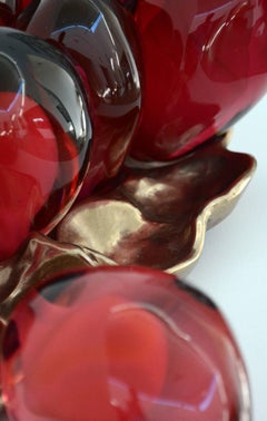 Pomegranate Seeds Nestled on Bronze I - bright, red, glass, still life sculpture