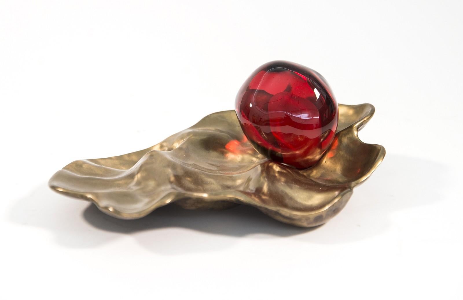 Pomegranate with Casing - small, bright red, glass, bronze, still life sculpture - Sculpture by Catherine Vamvakas Lay