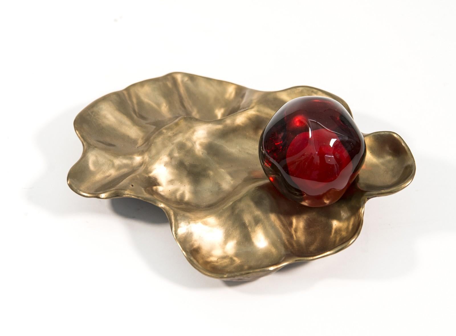 Pomegranate with Casing - small, bright red, glass, bronze, still life sculpture - Contemporary Sculpture by Catherine Vamvakas Lay