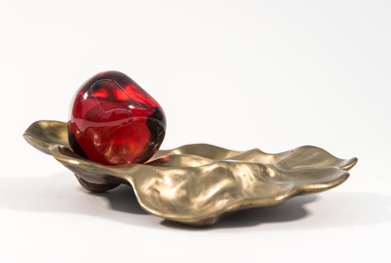 Pomegranate with Casing - small, bright red, glass, bronze, still life sculpture