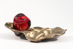 Vintage Pomegranate with Casing - small, bright red, glass, bronze, still life sculpture