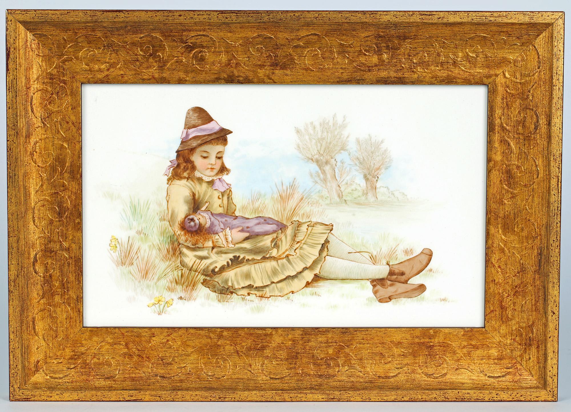 Ceramic Catherine Vargas Doulton Lambeth Faience Hand Painted Framed Plaque, 1877 For Sale